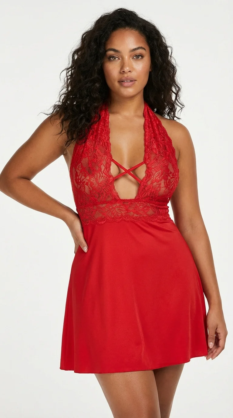 LunaIntim Kırmızı Viskon Babydoll Boyundan Bağlamalı Dantel Gecelik - Model Üzerinde